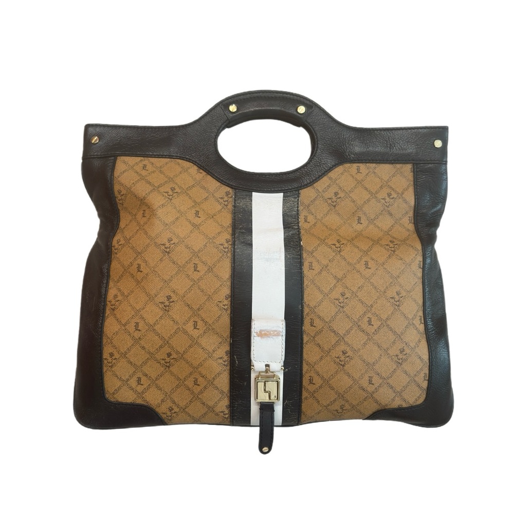 L.A.M.B. ~ Large Tan Clutch/Handbag Dark Brown Trim Black Striped Interior